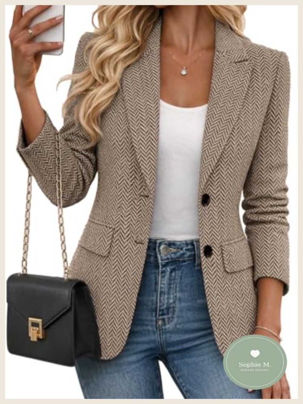 Womens Tweed Herringbone Blazer Structured Suit Jacket Long Sleeve Notch Collar